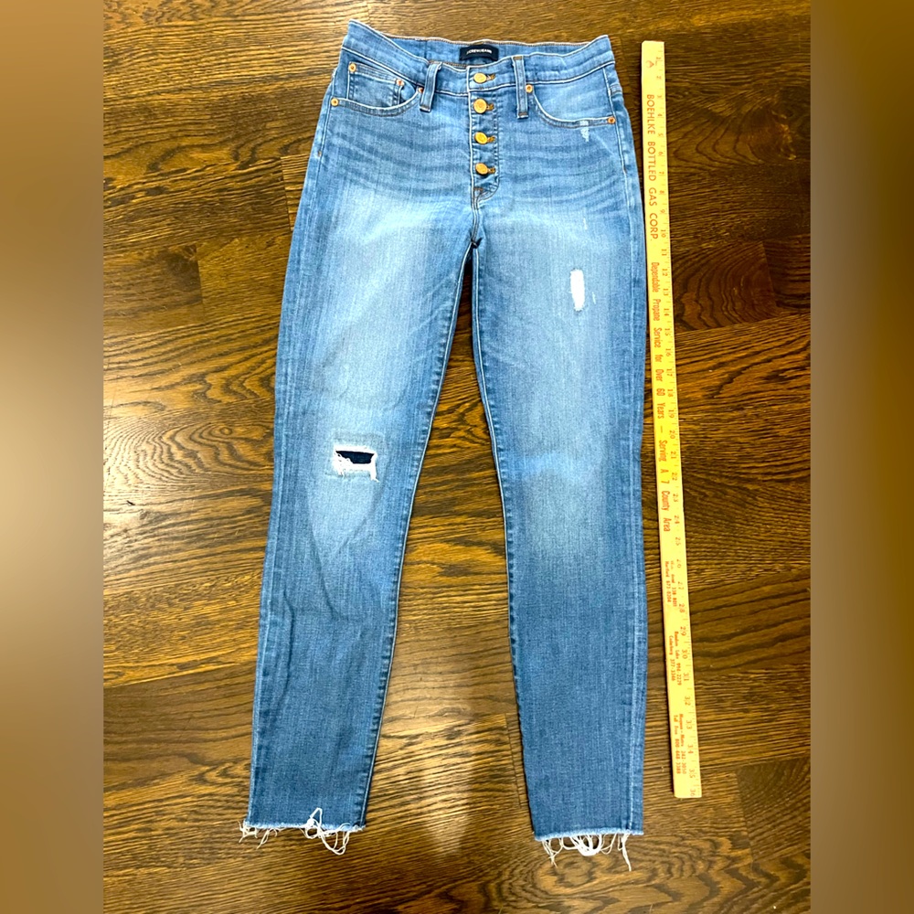 J.Crew 27 ,9 inch high-rise, toothpick, skinny, frayed edge jeans button fly